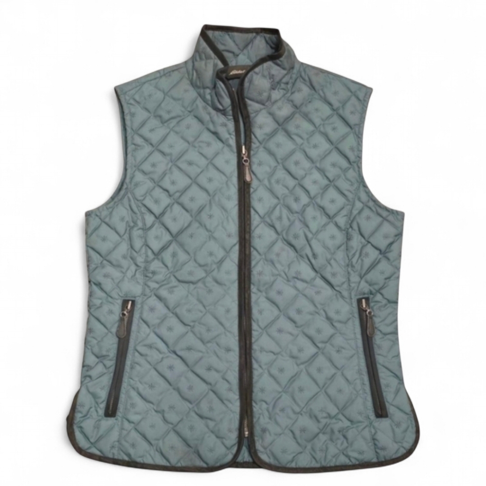 Eddie Bauer Goose Down Vest Green Fair Isle Quilted Jacket Size XS Petite